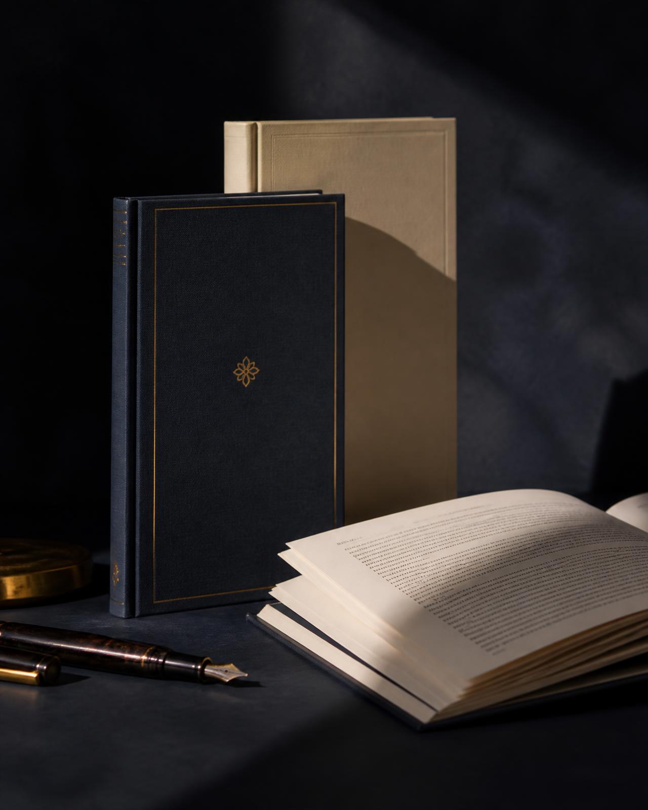 Finished hardcover books beside an open manuscript